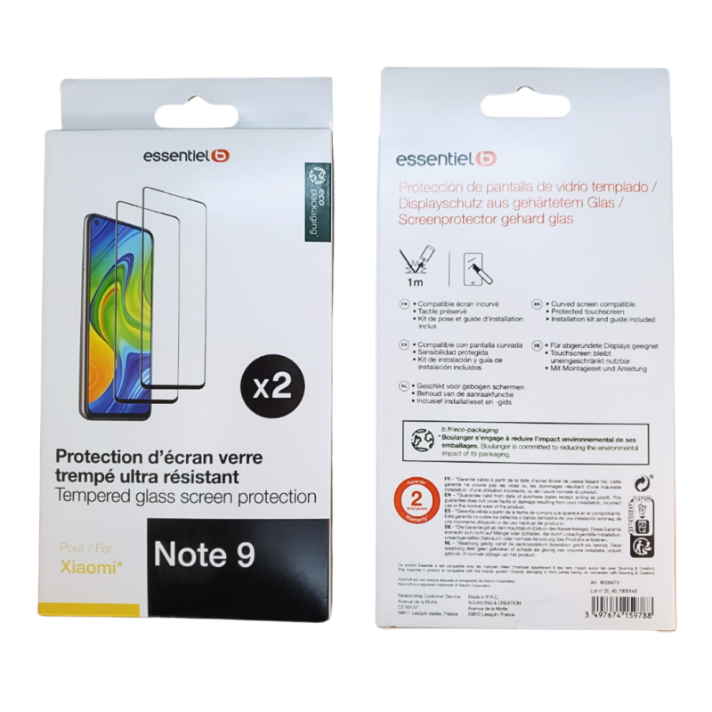 2 Pcs Verre Trempé ESSENTIELB pour Xiaomi Redmi Note 9 — Accessoire · Smarty Paris 18e